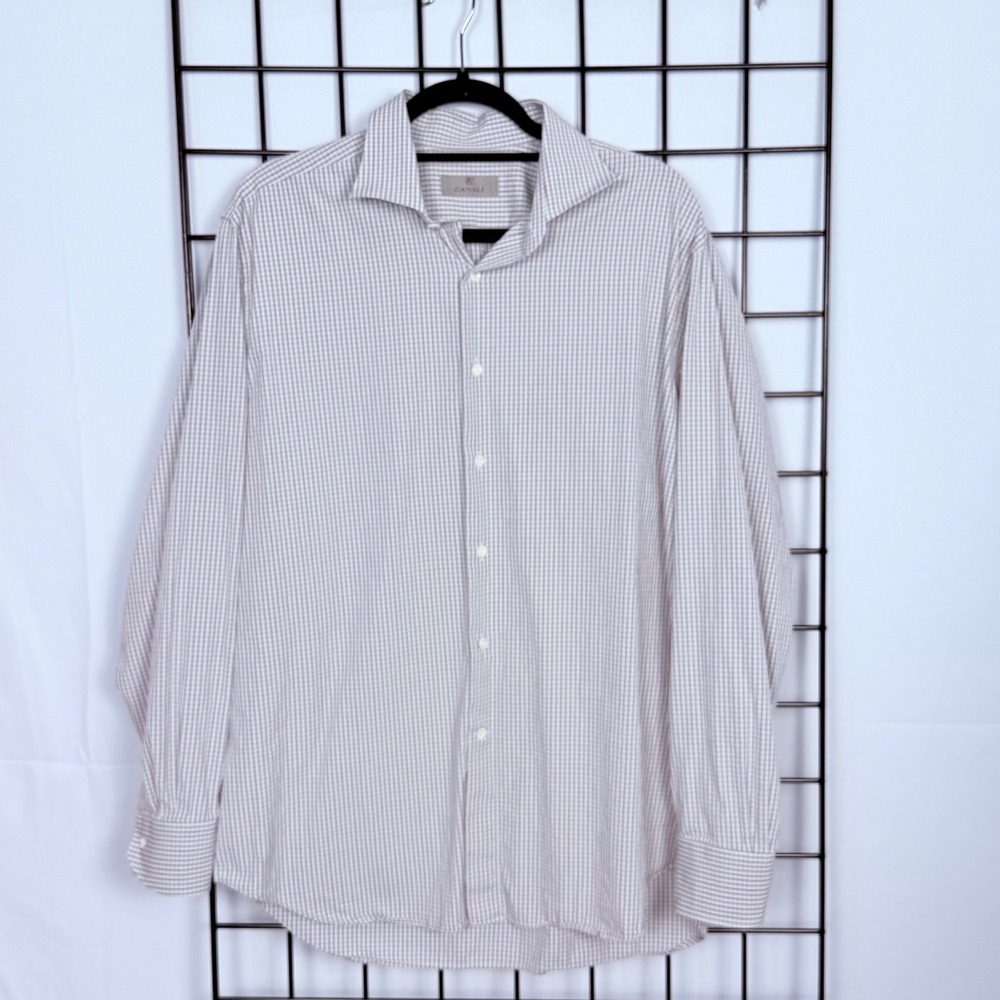 Canali Brushed Button Down Shirt Mens 44-17 1/2 Cream Red Check Business Italy - Picture 3 of 11